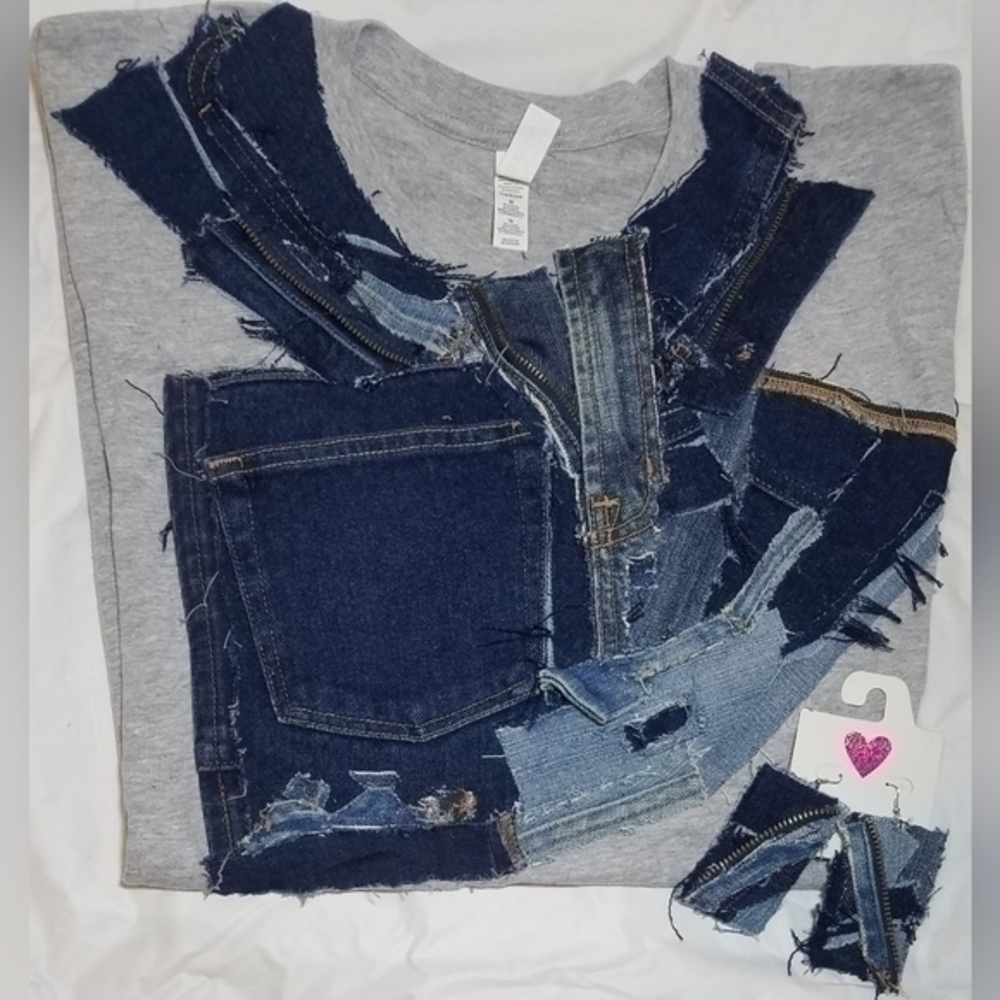Tasty Raw Edge Denim "Zipped T-Shirt & Dangle Earrings